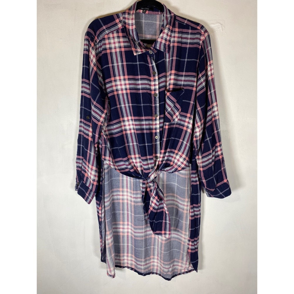 Plaid Tie Front‎ High Low Button Up Tunic Shirt 2X Pink Navy Shacket Layering